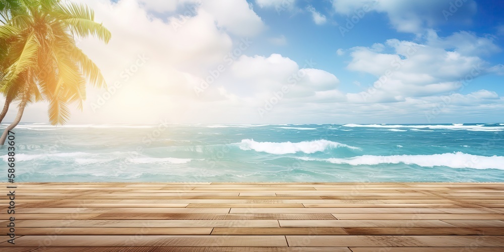 Poster summer landscape background with palm tree and sea.colorful summer template. concept of recreation. 