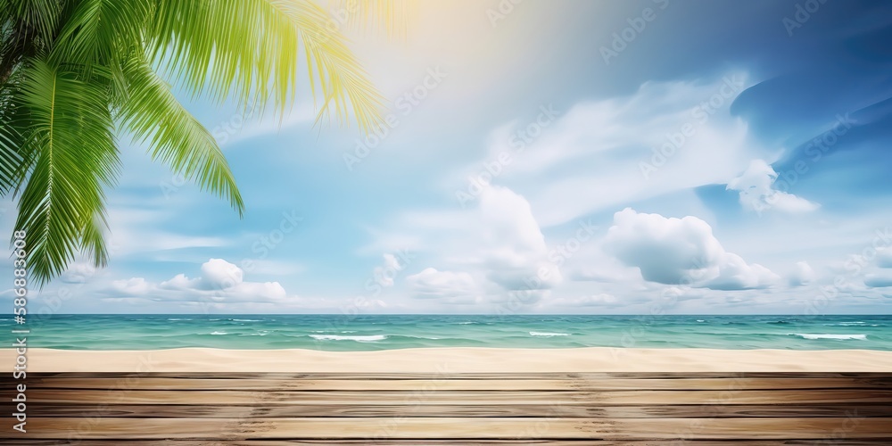 Poster summer landscape background with palm tree and sea.colorful summer template. concept of recreation. 