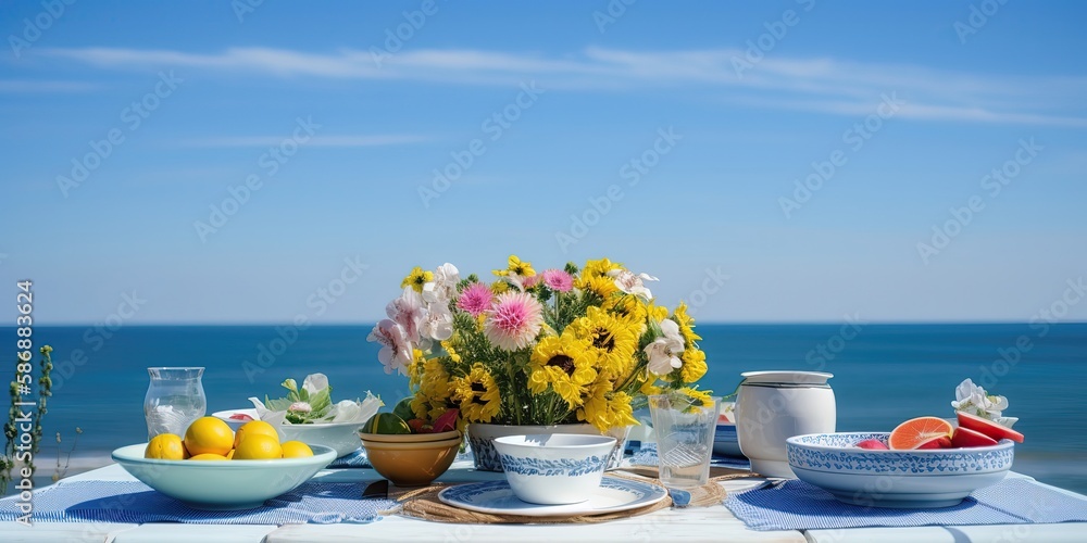 Aufkleber breakfast with sea view.colorful summer template. concept of recreation. generative ai