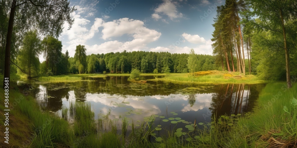 Poster view of the river flowing through the woods.colorful summer template. concept of recreation. generat