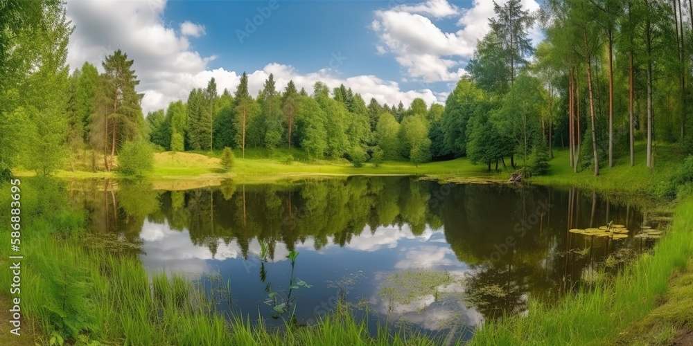 Poster view of the river flowing through the woods.colorful summer template. concept of recreation. generat