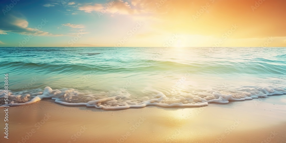 Wall mural Summer landscape of a sunny day on the beach with waves from the sea.Colorful summer template. Concept of recreation. Generative AI