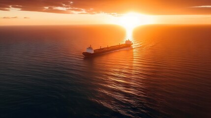 Aerial image of huge fuel tanker ship in the sea on sunset. Generative AI
