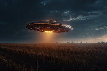 UFO, an alien plate hovering still in the air over the field. Unidentified flying object, extraterrestrial life, alien invasion, space exploration, and humanoid spaceship mixed medium. Generative AI