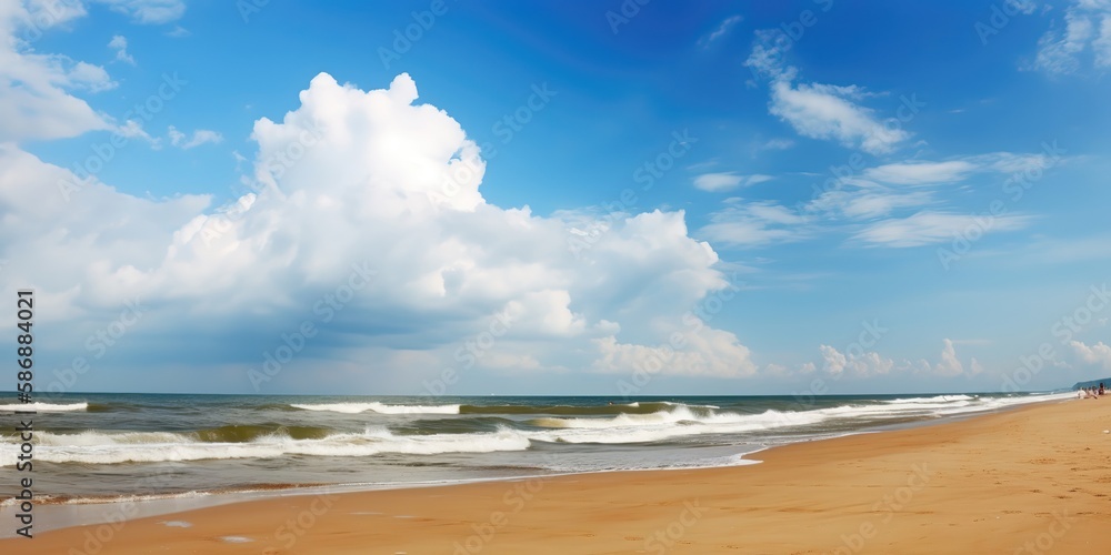 Poster summer landscape of a sunny day on the beach with waves from the sea.colorful summer template. conce