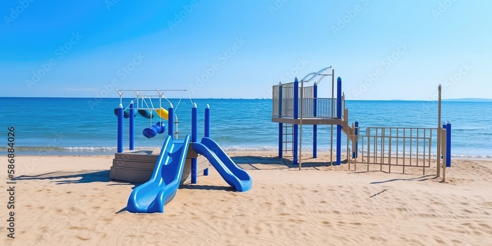 Poster children's playground on the seashore.colorful summer template. concept of recreation. generative ai