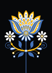 Flower Inspired by Ukrainian Traditional Embroidery. Ethnic Floral Motif, Handmade Craft Art. Traditional Ukrainian Yellow and Blue Embroidery. Single Design Element. Vector Illustration