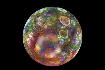 Multi-colored bright sphere of curved waves and shapes on a black background. Abstract fractal 3D rendering