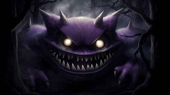 A creepy purple monster with glowing eyes, sharp pointy teeth, and an evil grin. It hides in a dark misty forest waiting for its next victim. Generative AI.