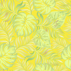 Fototapeta na wymiar Jungle vector pattern with tropical leaves.Trendy summer print. Exotic seamless background. 