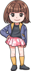 Cartoon style avatars for social media. Avatars profile of a girl with short brown hair wearing a purple hoodie and a pink short skirt. Vector image.