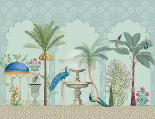 Decorative Moroccan pattern with palm tree, plant, bird, peacock illustration for wallpaper. Chinoiseries design - obrazy, fototapety, plakaty