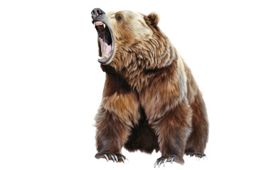 Fototapeta premium an isolated large grizzly bear roaring, front-view, fierce bear, North American, mountain-themed photorealistic illustration on a transparent background in PNG. Ursus arctos horribilis. Generative AI