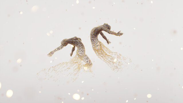 Para wpadająca sobie w ramiona, dopełniająca się para zakochanych. Jasne tło.