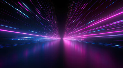 Fototapeta na wymiar A parallel view of abstract neon background. Pink blue glowing lines, speed of light, meteor shower, Generative AI