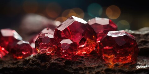 Vibrant ruby red gemstone chips, sparkling and lustrous crystals scattered on rocky floor, shallow depth of field bokeh blur, macro closeup - generative AI.