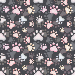 Watercolor seamless pattern. Hand painted illustration of colorful paws of dog, cat. Kitten, puppy footprints. Animal paw print. Wolf, fox paws. Print on black background for fabric textile, packaging