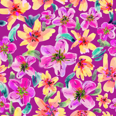 Fototapeta na wymiar Watercolor flowers. Seamless floral pattern with bright colorful flowers and leaves. Elegant template for fashion prints. Watercolor drawing. Ornament for clothes, accessories, textiles and interior