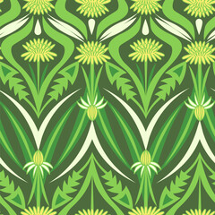Vector seamless ornament with dandelions and grass leaves - 586885488