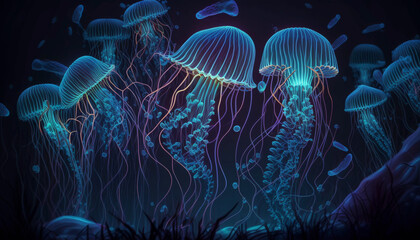 Not based on any actual scene or pattern glowing sea jelly fish .Generative AI.