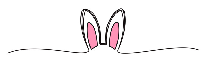 Easter Bunny Ears line art banner in scribble style hand drawn with continuous thin line, divider shape. Png clipart isolated on transparent background
