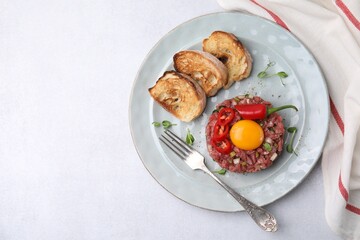 Tasty beef steak tartare served with yolk, toasted bread and other accompaniments on white table,...