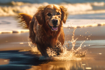 Playful golden retriever chasing waves on a sunny beach day, his coat glistening in the summer sun