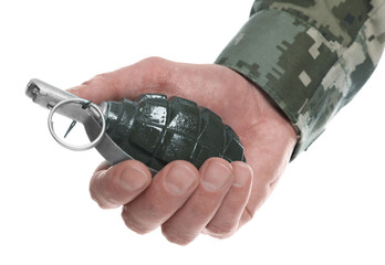 Soldier holding hand grenade on white background, closeup. Military service