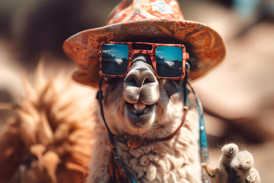 A silly-looking alpaca wearing a sun hat and sunglasses, posing for a selfie with its tongue sticking out and a paw holding a phone