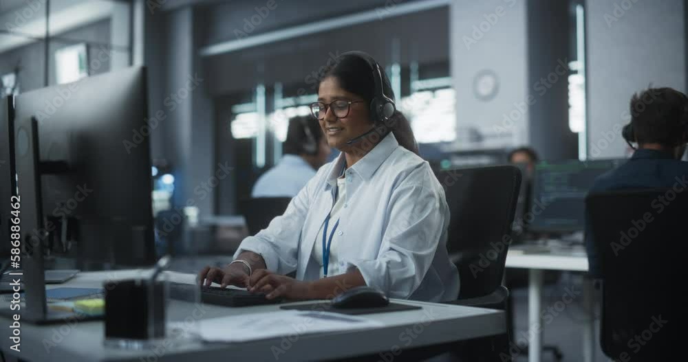 Aufkleber Positive Technical Support Manager Talking on a Call, Providing Help Desk Solutions to a Customer Experiencing Troubleshooting Issues with a Product. Indian Female Successfully Solving the Problem