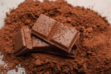 Delicious milk chocolate and cocoa powder on light table, closeup