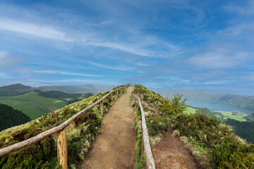 Fototapeta na wymiar View of Sete Cidades from the Miradouro da Grota do Inferno viewpoint in Sao Miguel Island, Azores, Portugal.