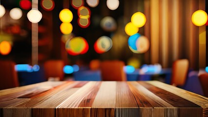 Obraz premium Empty wood table top with blurry lighting in a restaurant with a dark backdrop. Generative Ai.
