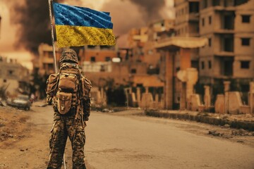 A Ukrainian soldier stands with a Ukrainian flag in his hand and looks at the ruined city	
