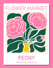 Trendy botanical wall art of peony. Flower market poster concept template perfect for postcards, wall art, banner. Modern naive groovy funky interior decorations, paintings. Vector print © Logvin art
