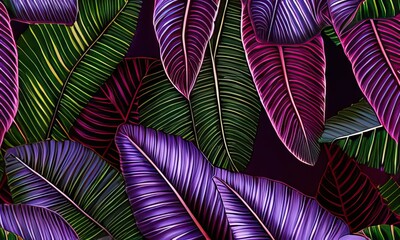 Background with a full frame of purple leaves, lush foliage, and a tropical leaf. Generative Ai.