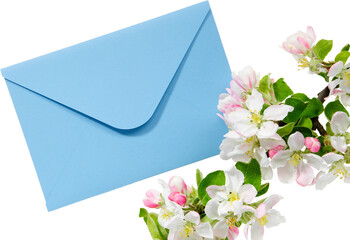 Blue envelope with wedding invitation card or birthday letter decorated with branch of blossom apple tree, isolated. Flat lay. Top view.