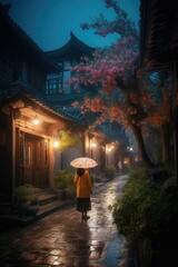 a person walking on the wet rainy beautiful colorful street with colorful spring trees at night, generative AI