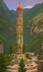 ai generated old tower in a mountain valley