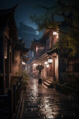 a person walking on the wet rainy beautiful colorful street with colorful trees at night, generative AI