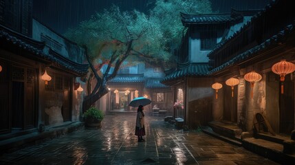 a person walking on the wet rainy beautiful colorful street with colorful trees at night, generative AI