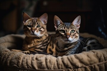 Cat and Bengal cat share a bed. Generative AI