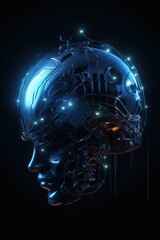 blue glass transparent robot head and electronic brain inside, generative AI