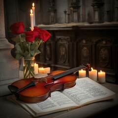 violin and rose and candles and book, generative AI