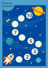 Fototapeta na wymiar Missing numbers worksheet for children. Fill in the Missing Number 1 to 10. Counting Game for Preschool Children. Math Activities for Kids.