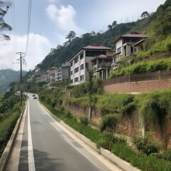 village houses on the green hills and a road, generative AI