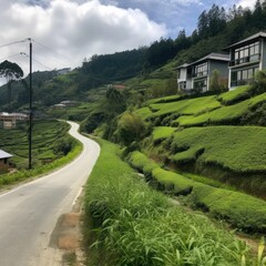 village houses on the green hills and a road, generative AI