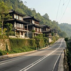 Fototapeta na wymiar house on the green hills and a road, generative AI