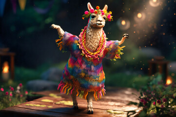 A jolly llama wearing a flowery summer dress and sunglasses, standing on its hind legs and dancing with a hula hoop - obrazy, fototapety, plakaty