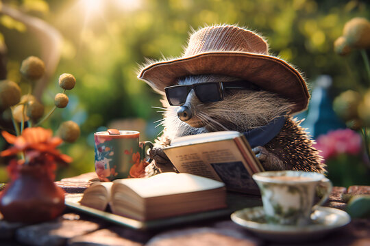 A content-looking hedgehog wearing a sun hat and sunglasses, reading a book in a garden with a cup of tea in paw and a serene expression